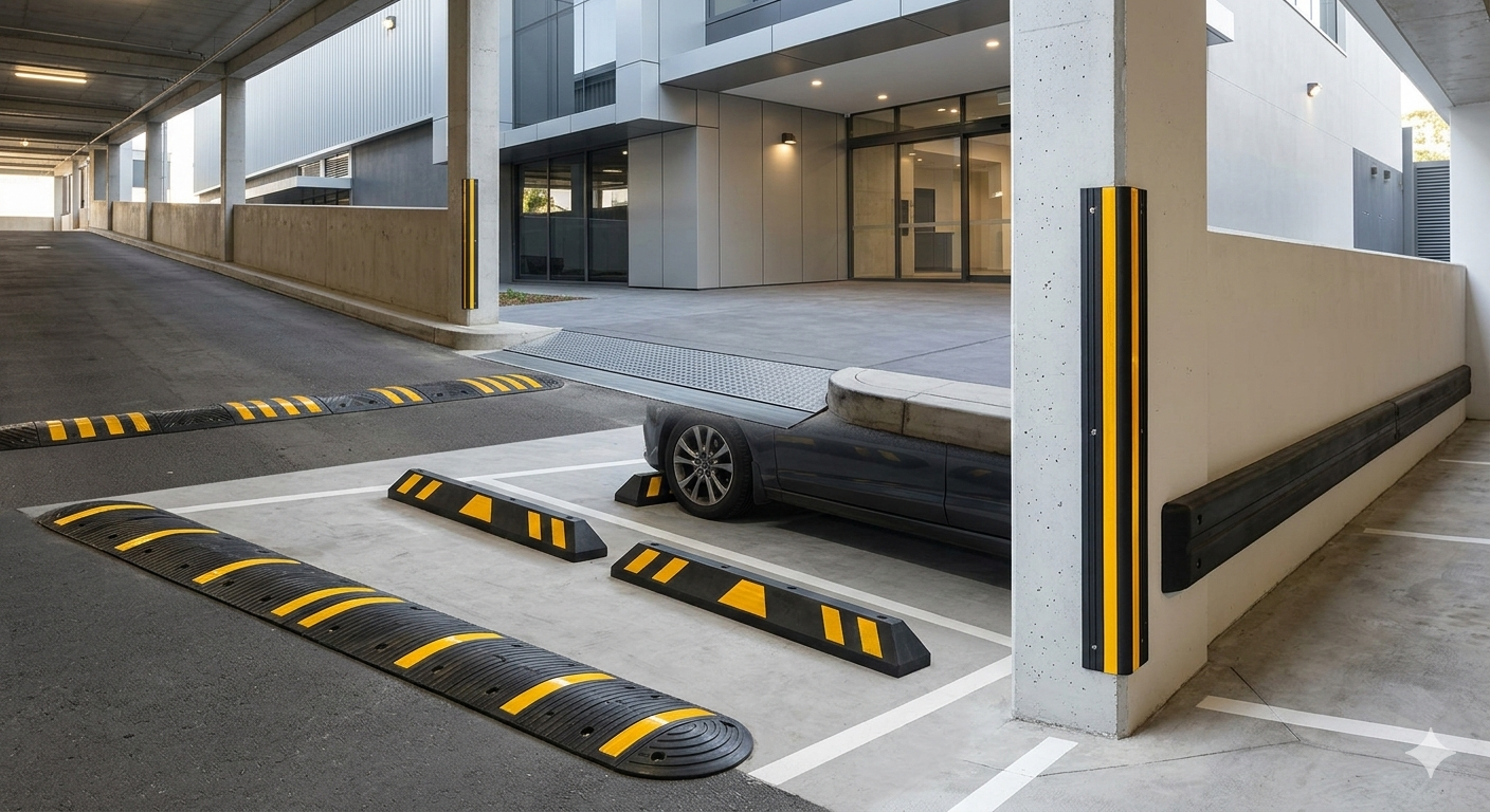 Parking and building protection solutions including rubber guards
